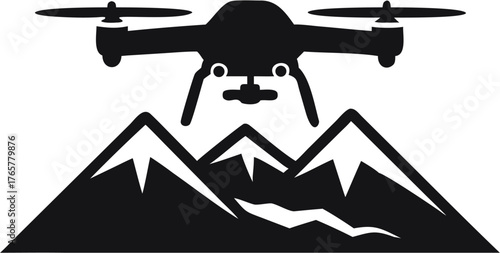 Silhouette of a drone flying over a mountain range with snow caps in a minimalist black and white design | editable eps vectors