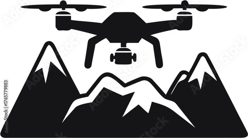 Drone flying over mountain range with snow capped peaks in black and white silhouette illustration | editable eps vectors
