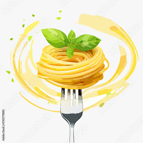 Pasta Nest with Fresh Basil on a Fork Creamy Swirl Background Italian Cuisine Concept Culinary Illustration Fresh Ingredients Food Photography