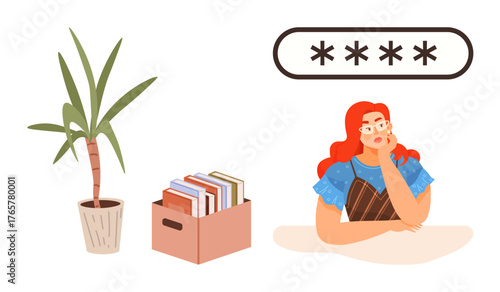 Woman thinking with password security symbol overhead, next to a potted plant and a box of books. Ideal for creativity, password security, learning, ideas, organization, pondering, thoughtful