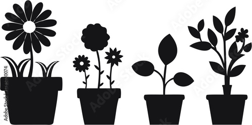 Silhouette illustration of four potted plants with different types of flowers and leaves in black and white | editable eps vectors