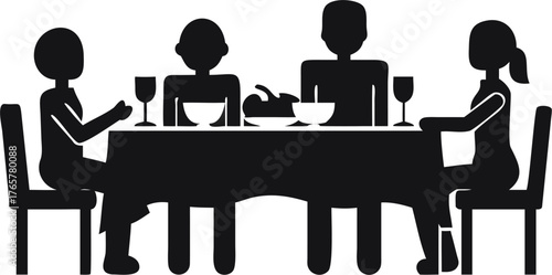 Silhouette of four people sitting at a table with food and drinks in a dining setting, sharing a meal | editable eps vectors