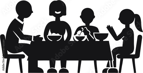 Illustration of a family of four sitting around a table eating a meal together in black silhouette | editable eps vectors