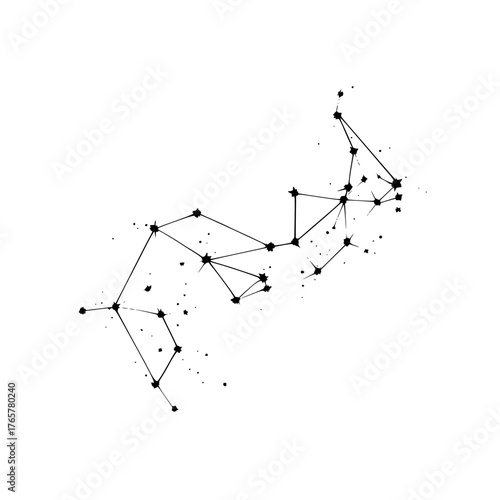 Abstract constellation art with black lines connecting stars on a white background creating a cosmic design