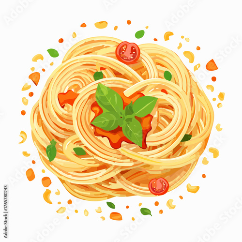 Spiral Spaghetti with Red Sauce and Basil Garnished with Tomato Halves Overhead View in White Background Plate