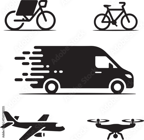 Set of five black vector icons depicting delivery vehicles and transport bicycle