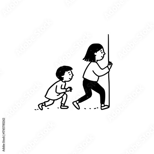 A child and an adult playing hide and seek with a pole in a black and white minimalist illustration