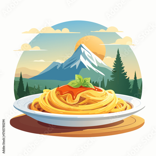 Stylized Spaghetti in White Plate Against Mountain Landscape with Green Trees and Sunny Sky, Cartoon Style Vector Illustration