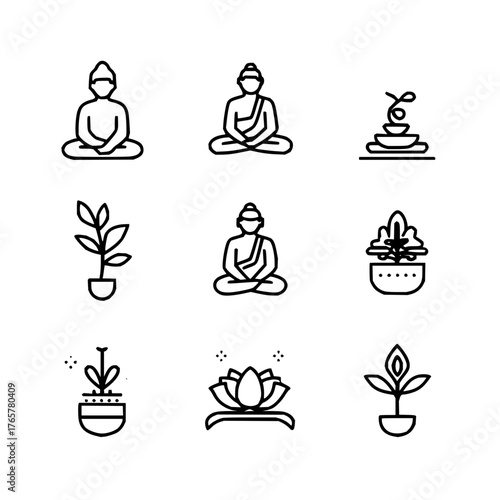 Wallpaper Mural Collection of line art icons depicting buddha figures plants and a stack of bowls in a grid arrangement Torontodigital.ca