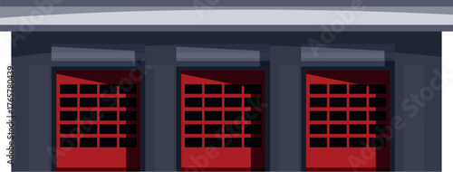 Fire station building exterior with three closed red garage doors and a grey roof, representing emergency services and fire safety