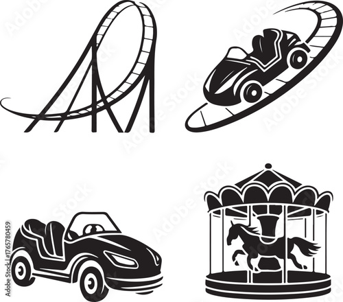 Set of four black and white amusement park transport icons theme park ride
