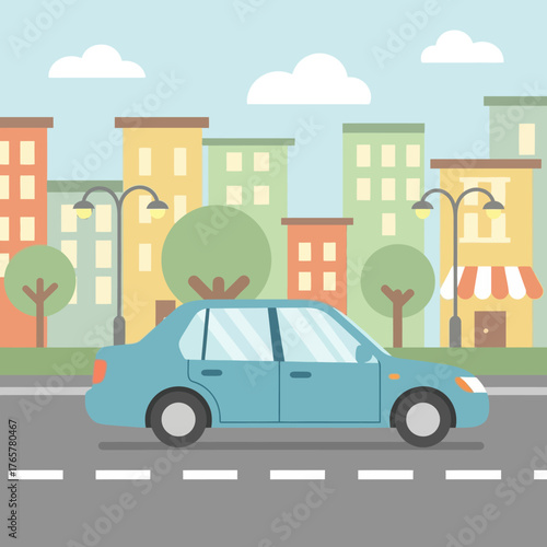 A blue sedan car is driving on a road in a city with buildings and trees.