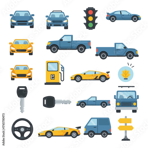 Vector illustration of various vehicles and transportation related objects.