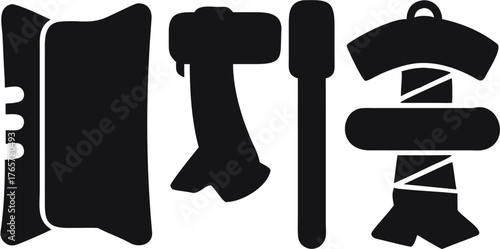 Illustration showing a book with binding, an axe, a rod, and a decorative wrapped item on white | editable eps vectors silhouette