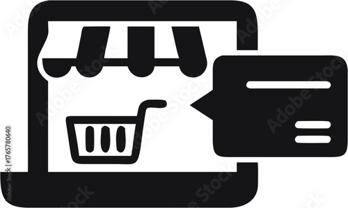 Laptop displaying an online store with a shopping cart and a message bubble in black color scheme | editable eps vectors silhouette