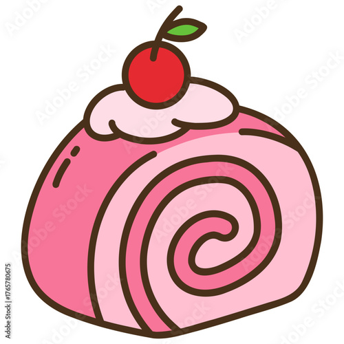 Cartoon Illustration of Pink Swiss Roll with Cherry