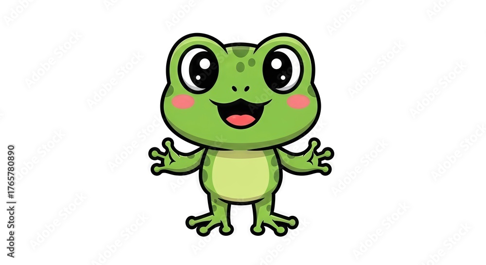 Fototapeta premium Adorable cartoon frog character with cheerful expression against white background