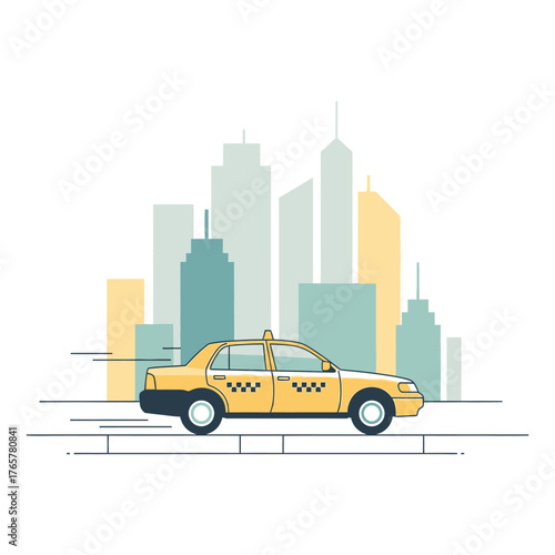 Yellow taxi cab speeding through a modern city with a skyline of tall buildings, line art illustration.
