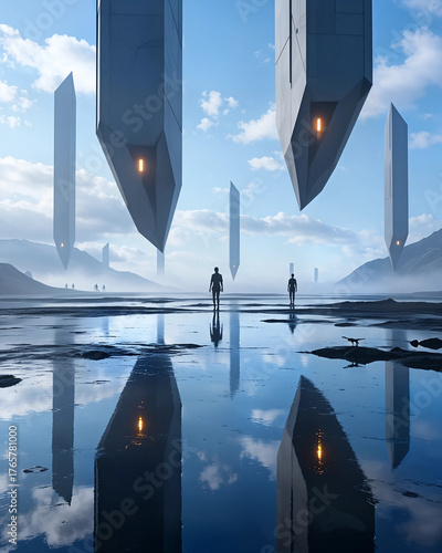 Wallpaper Mural A surreal futuristic landscape where the ground is made of shimmering crystals, reflecting a sky filled with giant, levitating geometric shapes. In the distance, minimalistic silhouettes of strange, b Torontodigital.ca