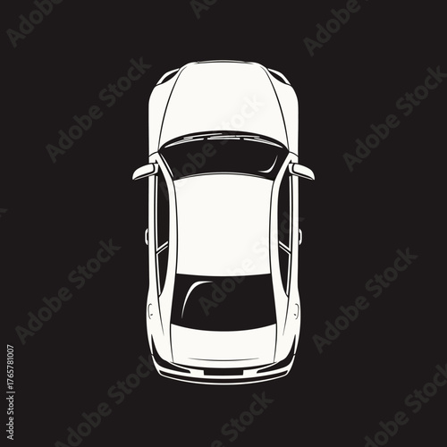 A top-down view of a white sedan car parked against a black background.