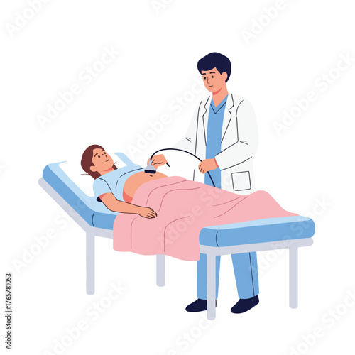 Flat 2D vector illustration of a doctor performing an ultrasound on a patient lying on a medical examination table with a white background.