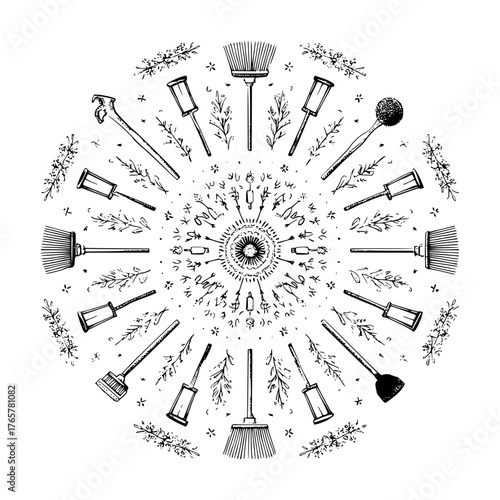 Circular arrangement of cleaning tools and floral elements in a detailed monochrome drawing style design