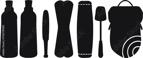 Silhouette depiction of two bottles, a baton, hourglass shape, drum, spatula, and bag in black | editable eps vectors