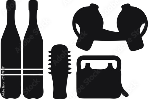 Silhouette image showing two bottles a massager a dumbbell and a kettlebell in a simple black design | editable eps vectors