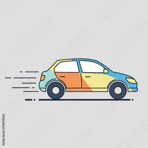 Stylized illustration of a car in motion with a colorful, segmented design.