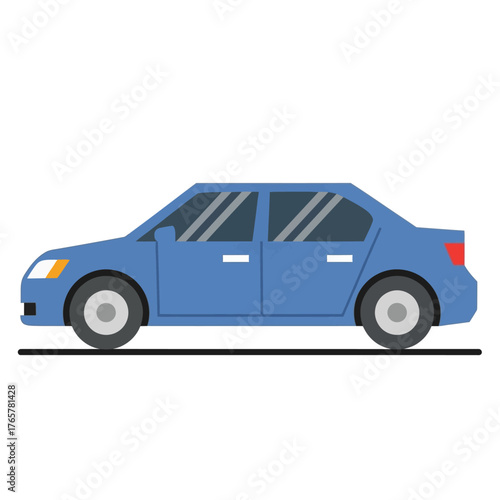 Illustration of a blue sedan car with gray wheels and tinted windows.