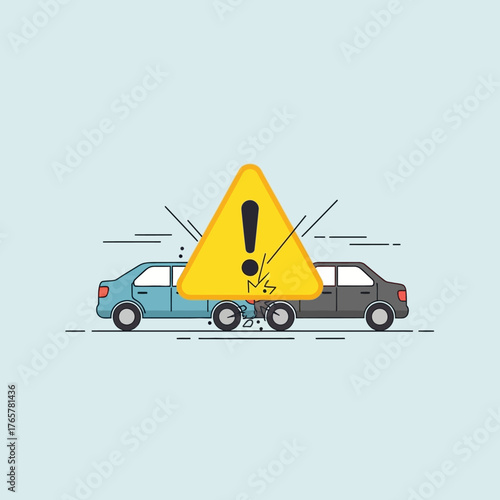 Illustration of two cars involved in a minor collision with a prominent warning sign indicating danger or an accident.
