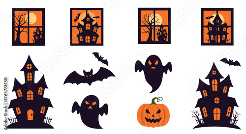 Spooky Halloween illustrations featuring haunted houses, bats, ghosts, and a carved pumpkin perfect for holiday designs and festive projects