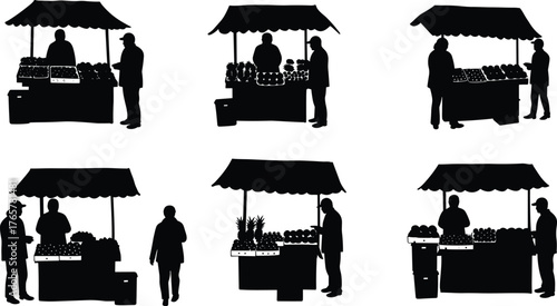 Market stall silhouettes, canopy booth vector, street vendor scene, people shopping, black graphic, outdoor trade, fruit stand illustration, commerce concept