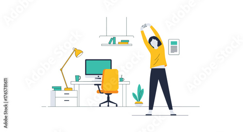 Woman stretching in modern office workspace, promoting health and wellness at work with vibrant colors