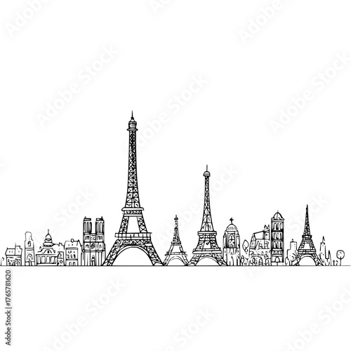 Illustration of the paris skyline featuring the eiffel tower and other iconic buildings in black and white