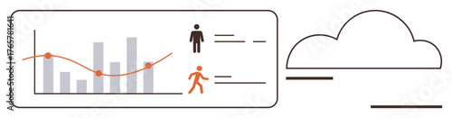 Graph with bars and trend line, user icons, and cloud outline connecting data components. Ideal for analytics, cloud computing, user tracking, tech, digital tools, information simple flat metaphor