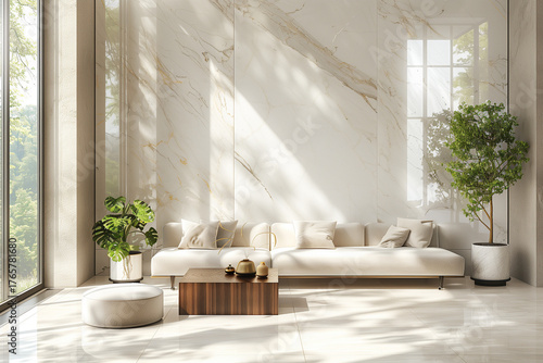 Minimalist living room interior in soft beige tones with marble wall and green plants, natural light background with copy space