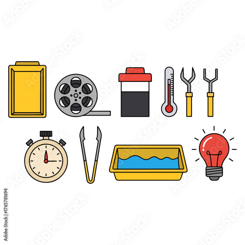 Analog film photography darkroom equipment, processing tools, development supplies, classic photo