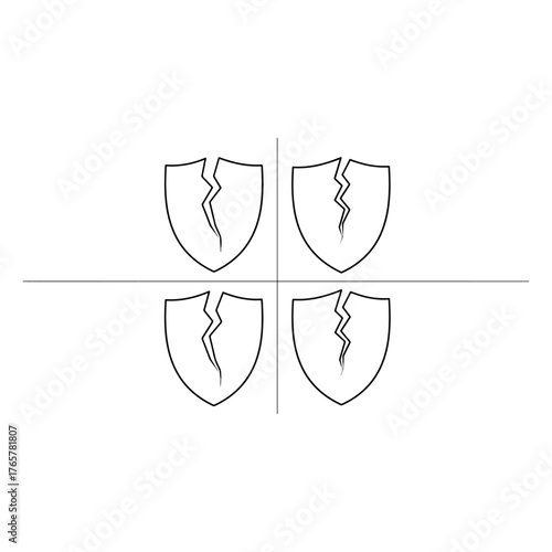 Four broken shield emblems divided by a cross symbol representing protection failure in a minimalist vector outline.
