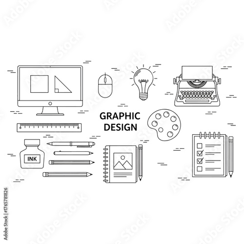 Graphic design tools and creative process collection, artistic essentials for digital and traditional creation
