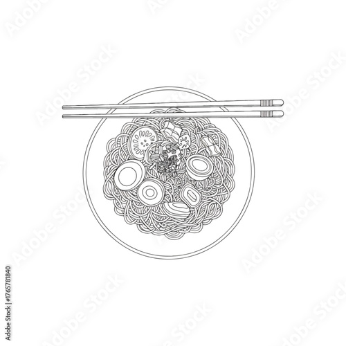 Hand drawn doodle style illustration of a ramen bowl, Asian noodles, chopsticks, delicious food, top view, simple art