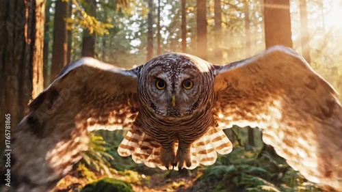 An animated owl flying through a sunlit forest towards the camera. A majestic barred owl gliding between trees in golden light. Realistic CGI wildlife animation