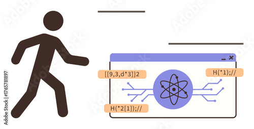 Person approaching a webpage featuring atomic icon, algorithm patterns, and code snippets. Ideal for education, science, coding, innovation, technology, learning platforms simple flat metaphor