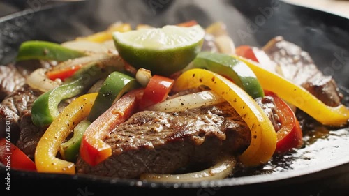 Sizzling beef fajitas with colorful bell peppers and lime in a hot skillet, creating a delicious aroma
