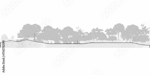 Stylized black and white illustration of a park landscape with trees and a path