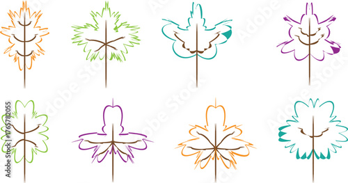 Colorful Flower and Tree Line Illustration Set — Botanical Outline Vector Design with Eco-Friendly Nature Shapes and Modern Logotype Elements