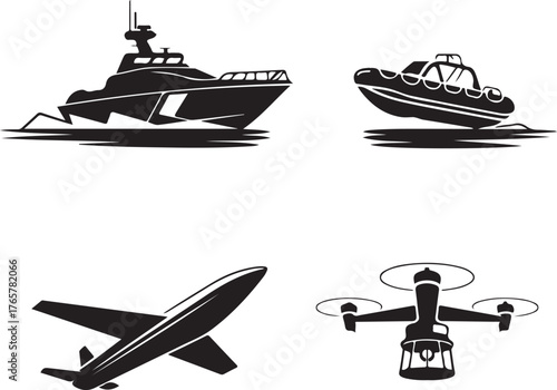 Set of four black silhouette icons of a yacht speedboat airplane and drone