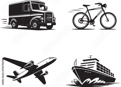 Set of four black silhouette vector icons of transportation vehicles truck delivery truck