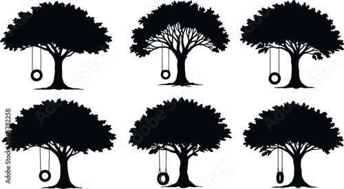 Tire swing tree silhouette, childhood nostalgia, outdoor play, summer memories, rustic nature, vintage swing, peaceful countryside, playful scene, family moment, timeless joy