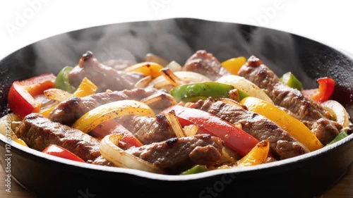 Sizzling beef fajitas with colorful bell peppers and onions in a skillet, steam rising, appetizing scene